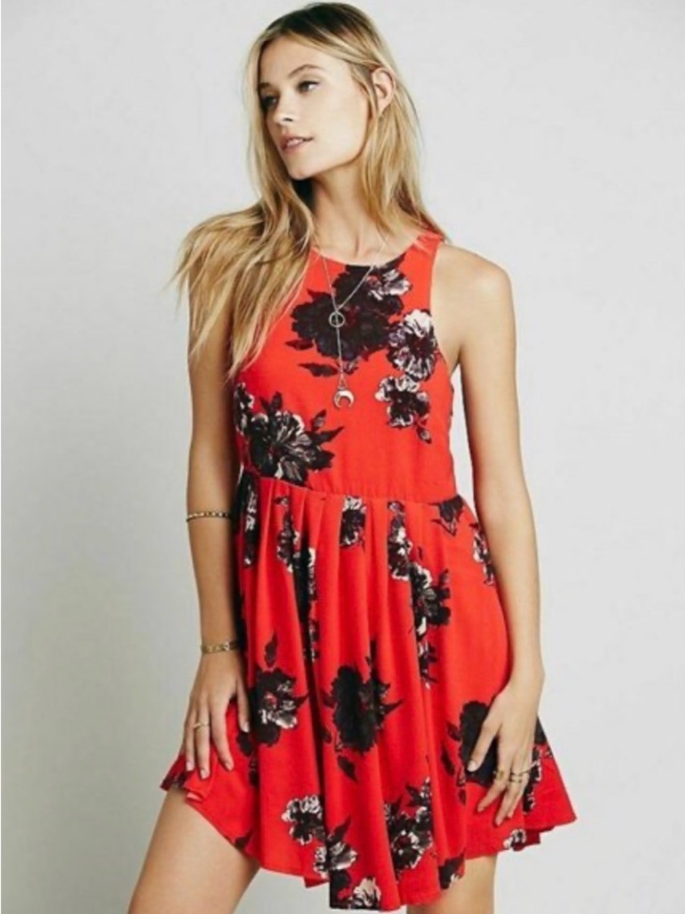 Free People Red Black Floral Sleeveless Flutter Mini Size 2